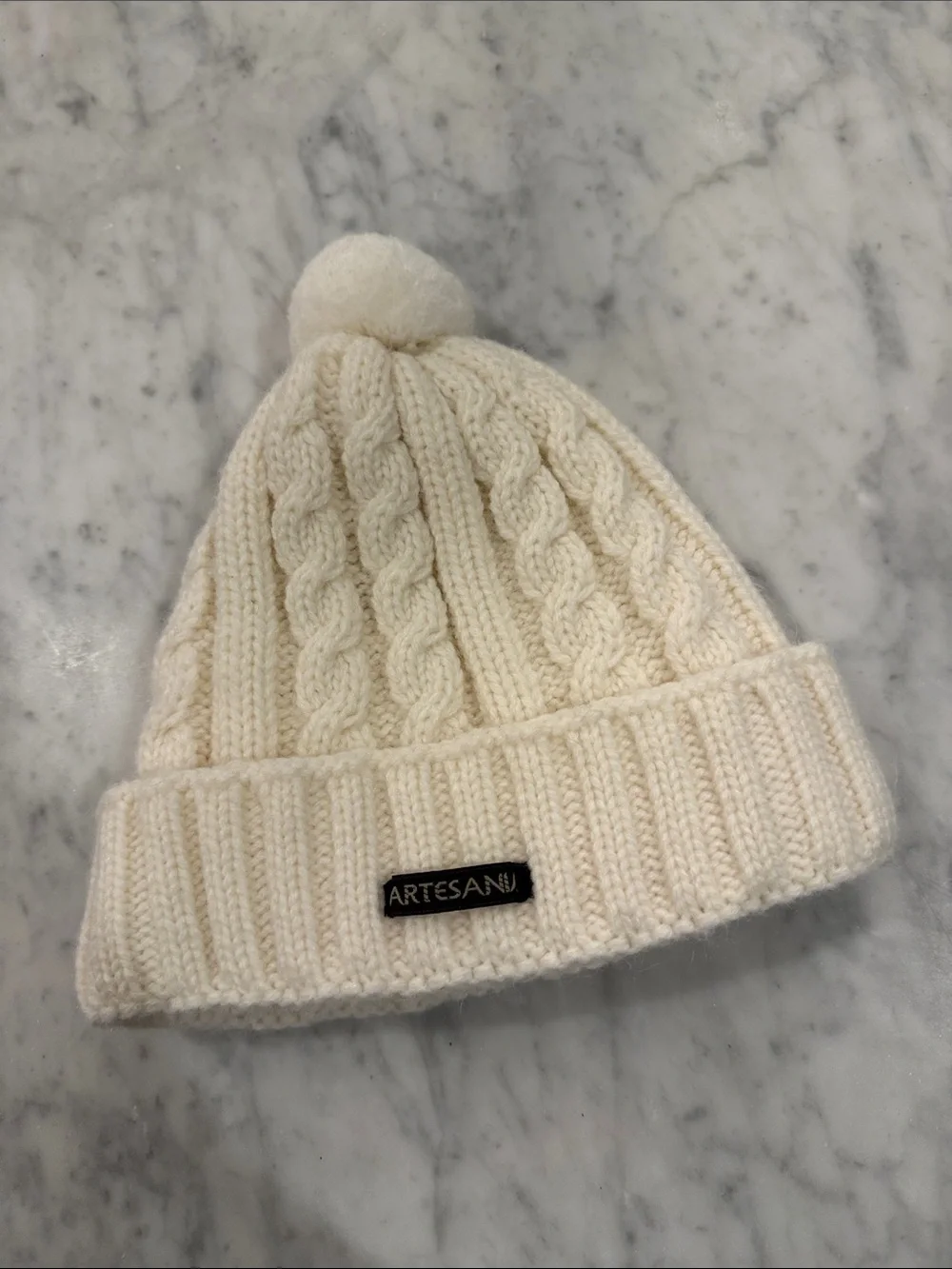 Cream Cable-Knit Pom Beanie